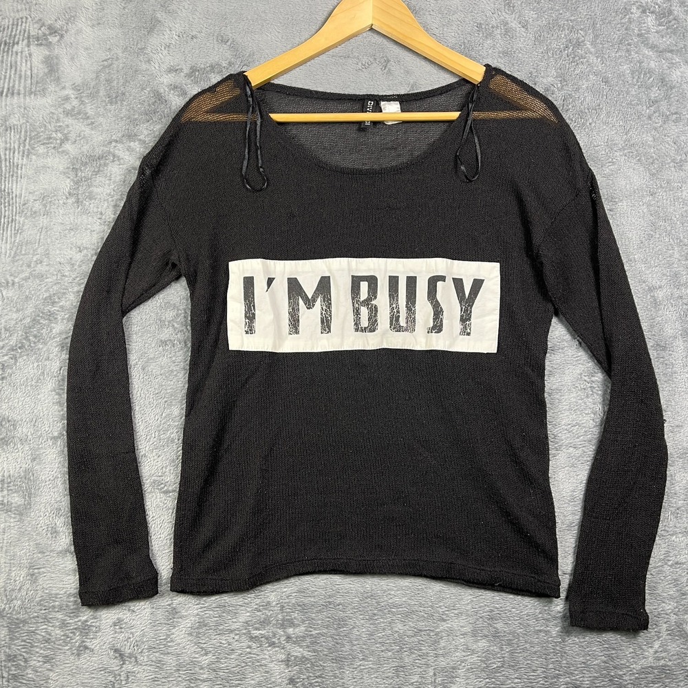 H&M Divided Shirt Womens Small Black I M Busy Graphic Print Knitted Round Neck